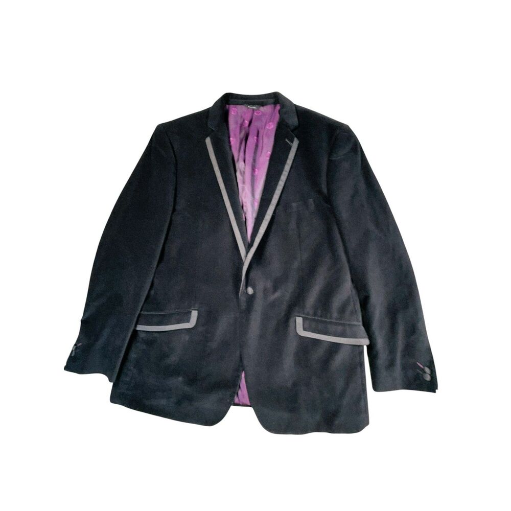 Rock & Republic Black Velvet Blazer 46L Black Piping Purple Lining Cotton